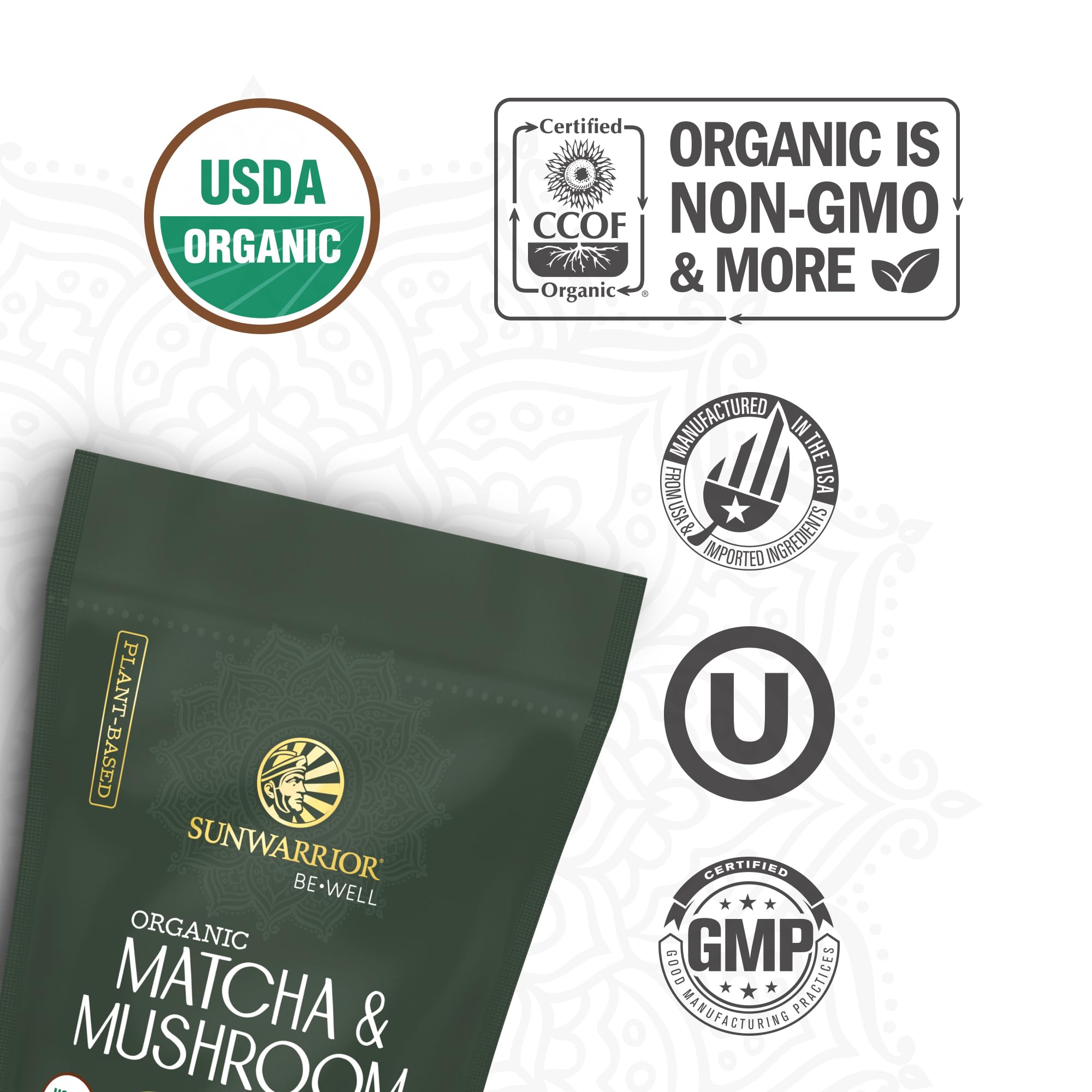 Sunwarrior label highlights six adaptogenic mushrooms in the blend