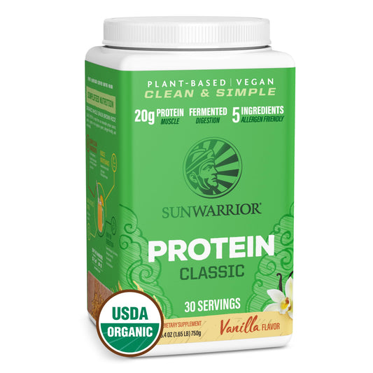 Sunwarrior Organic Classic Vanilla protein bag shows clean plant-based nutrition for workouts.