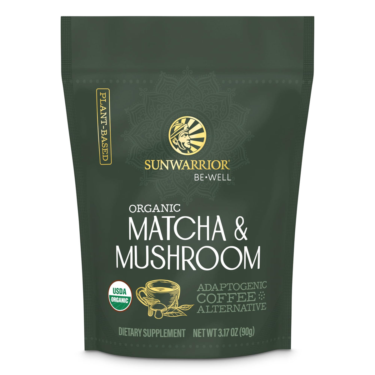 Sunwarrior Organic Matcha Mushroom Powder jar showing antioxidant-rich ceremonial blend