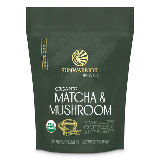 Sunwarrior Organic Matcha Mushroom Powder jar showing antioxidant-rich ceremonial blend