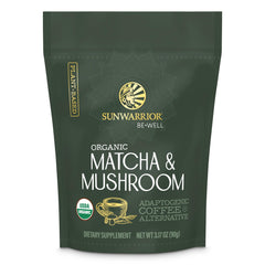 Sunwarrior Organic Matcha Mushroom Powder jar showing antioxidant-rich ceremonial blend