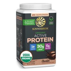 Sunwarrior organic plant-based protein powder chocolate tub for daily protein boost.