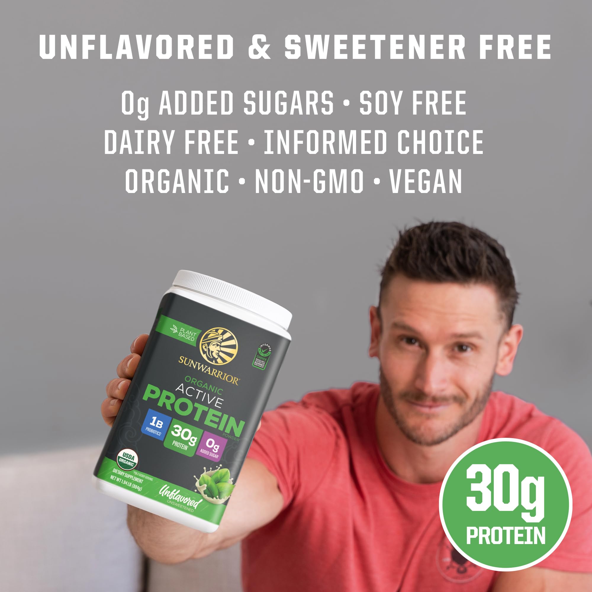 Sunwarrior protein powder label shows non-GMO, gluten-free, dairy-free benefits for clean nutrition.