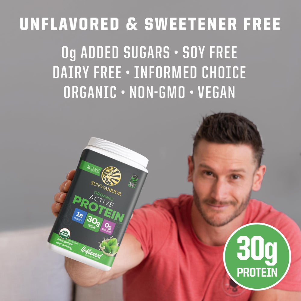 Sunwarrior protein powder label shows non-GMO, gluten-free, dairy-free benefits for clean nutrition.