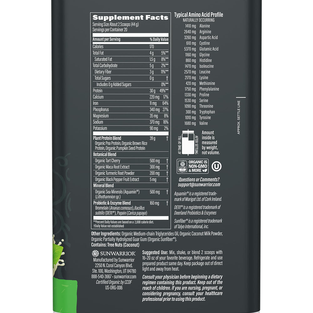 Sunwarrior protein powder with pumpkin-rice-pea blend, creamy shake for post-workout recovery.