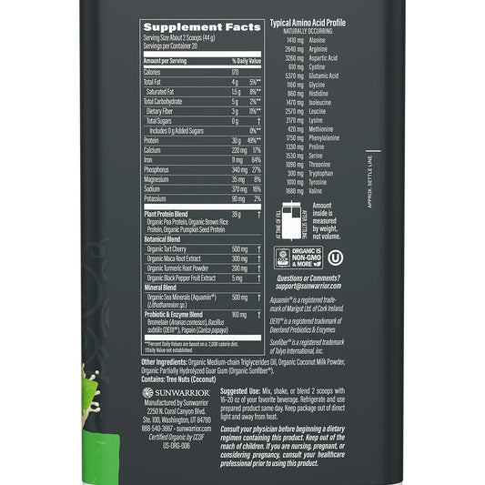 Sunwarrior protein powder with pumpkin-rice-pea blend, creamy shake for post-workout recovery.