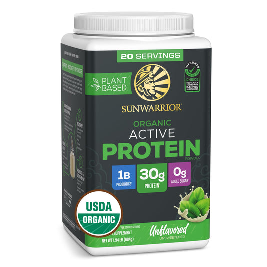 Sunwarrior Organic Plant-Based Protein Powder unflavored in bag, clean protein for daily workouts.