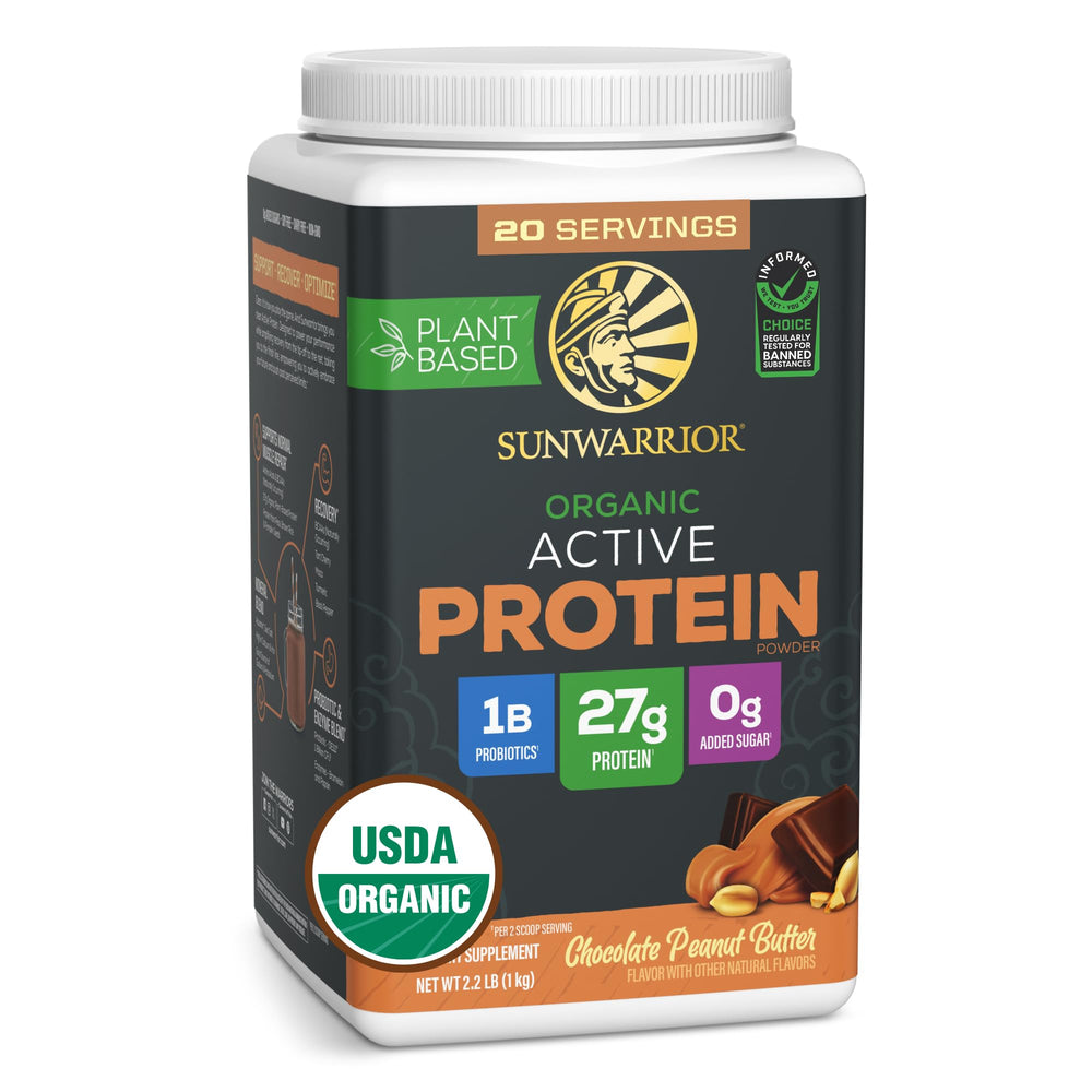 Sunwarrior chocolate peanut butter protein powder bottle highlights clean ingredients for balanced nutrition.