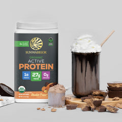 Sunwarrior protein powder action shot suggesting post-workout recovery support.