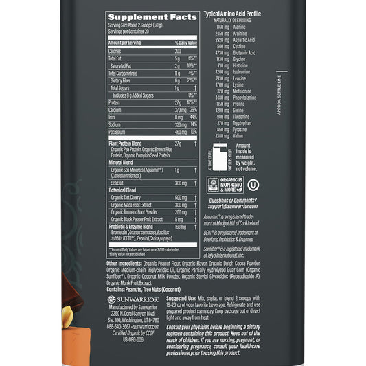 Sunwarrior packaging closeup of chocolate peanut butter protein powder packaging emphasizing vegan formula.