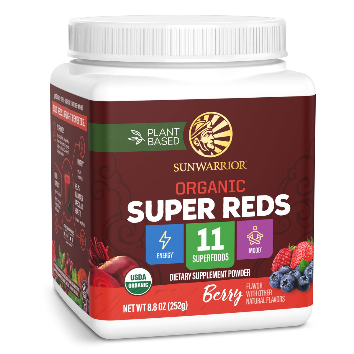 Sunwarrior Organic Super Reds bottle promoting daily wellness with plant-based nutrition
