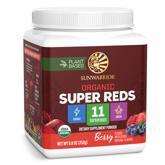 Sunwarrior Organic Super Reds bottle promoting daily wellness with plant-based nutrition