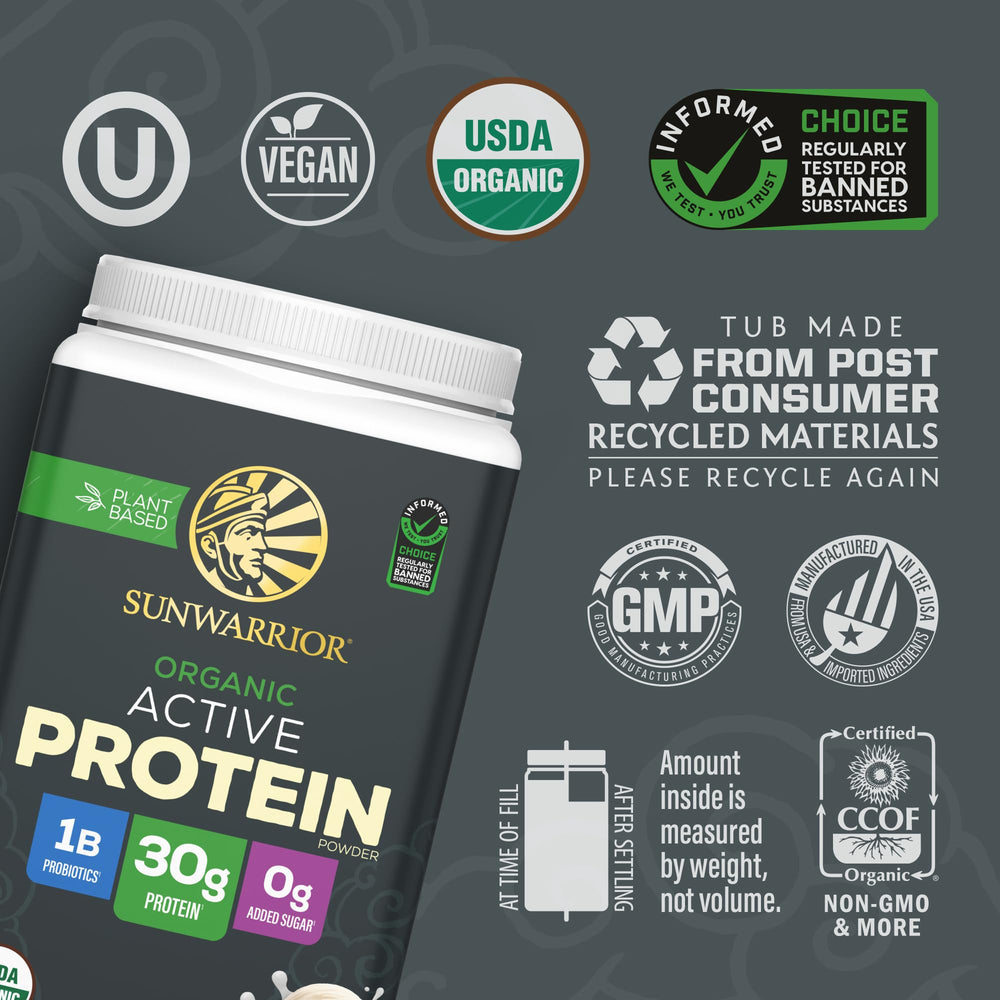 Sunwarrior plant-based protein scoop emphasizing clean, allergen-free plant protein.