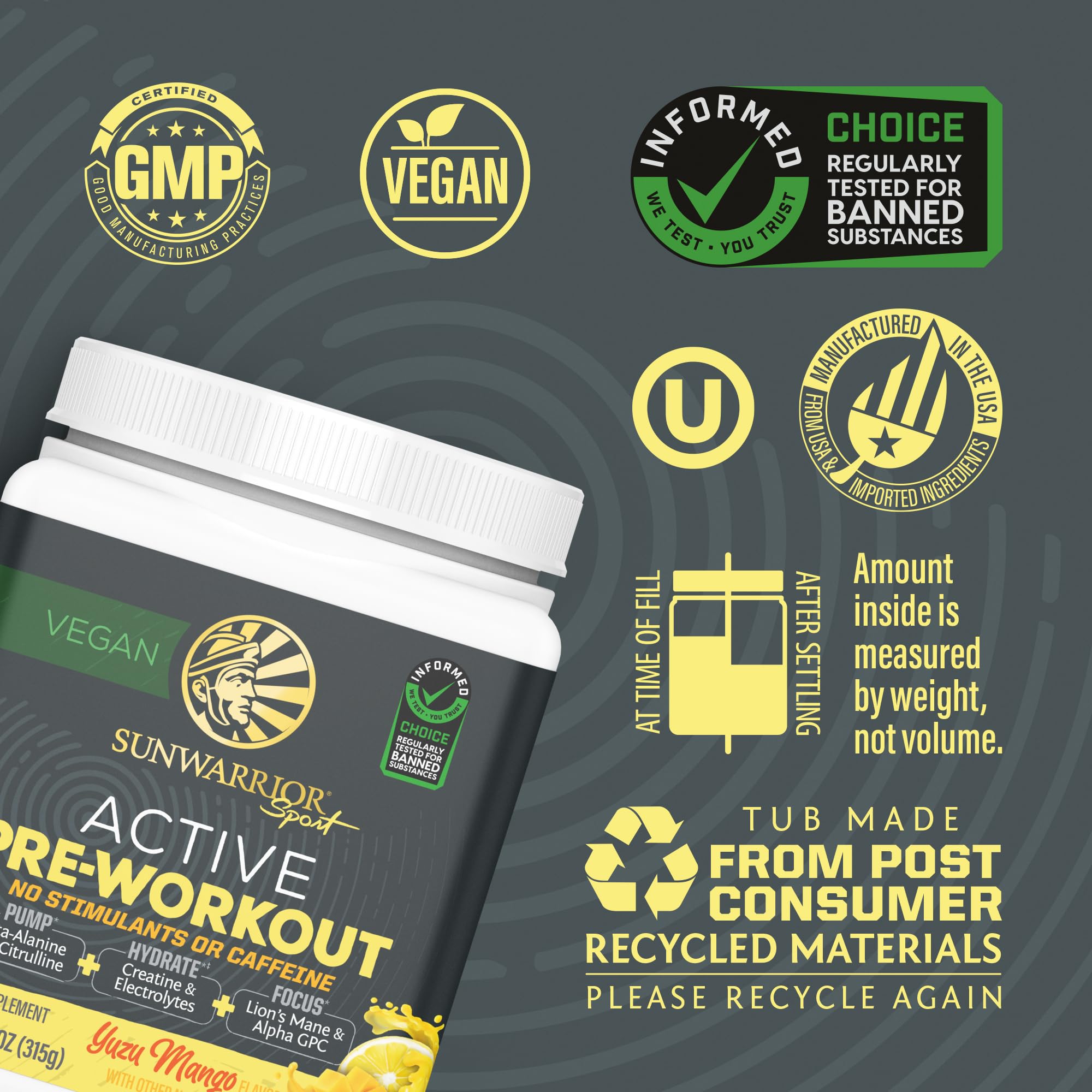 Sunwarrior Pre Workout label-closeup emphasizes vegan formula and natural flavor profile.