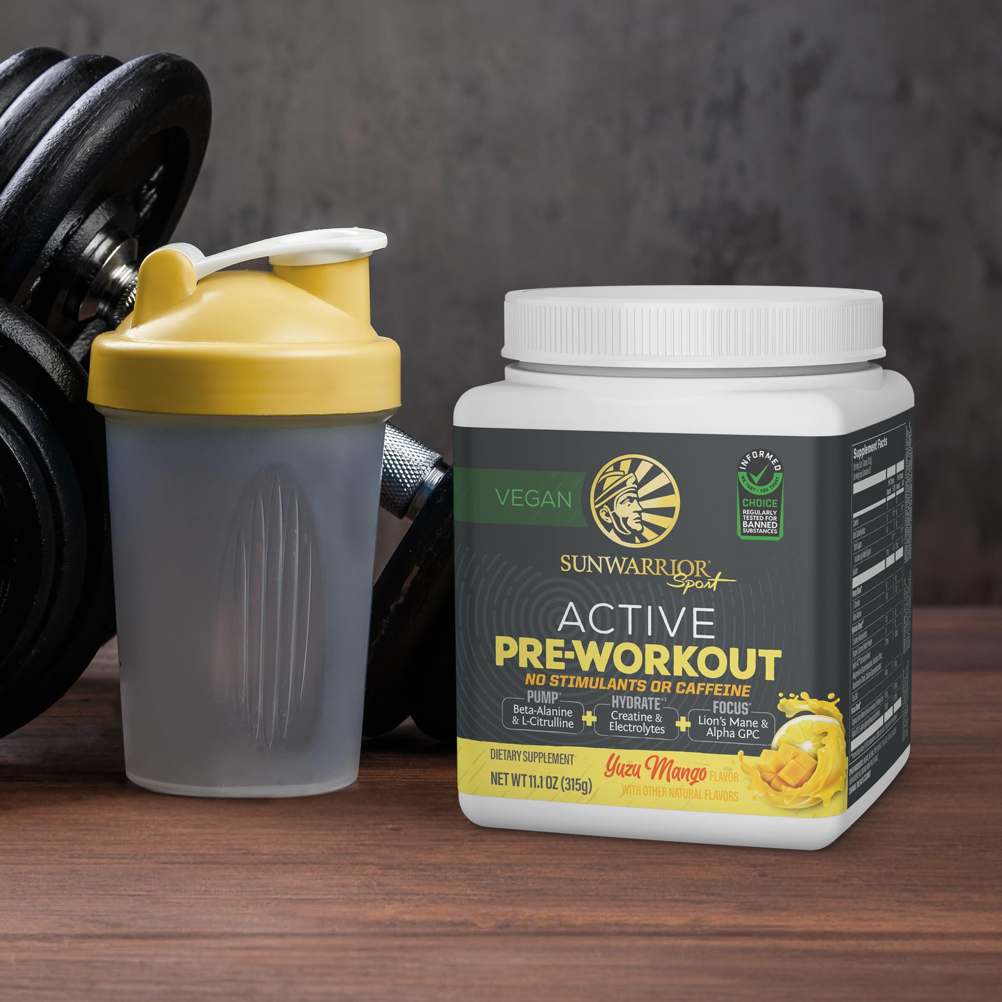 Sunwarrior Pre Workout lifestyle-shot evokes everyday training with plant-based performance support.