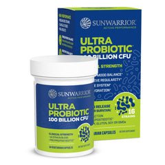 Sunwarrior probiotic 100B CFU bottle supports gut balance and energy.