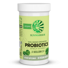 Sunwarrior Probiotics bottle showing capsules for daily digestion support
