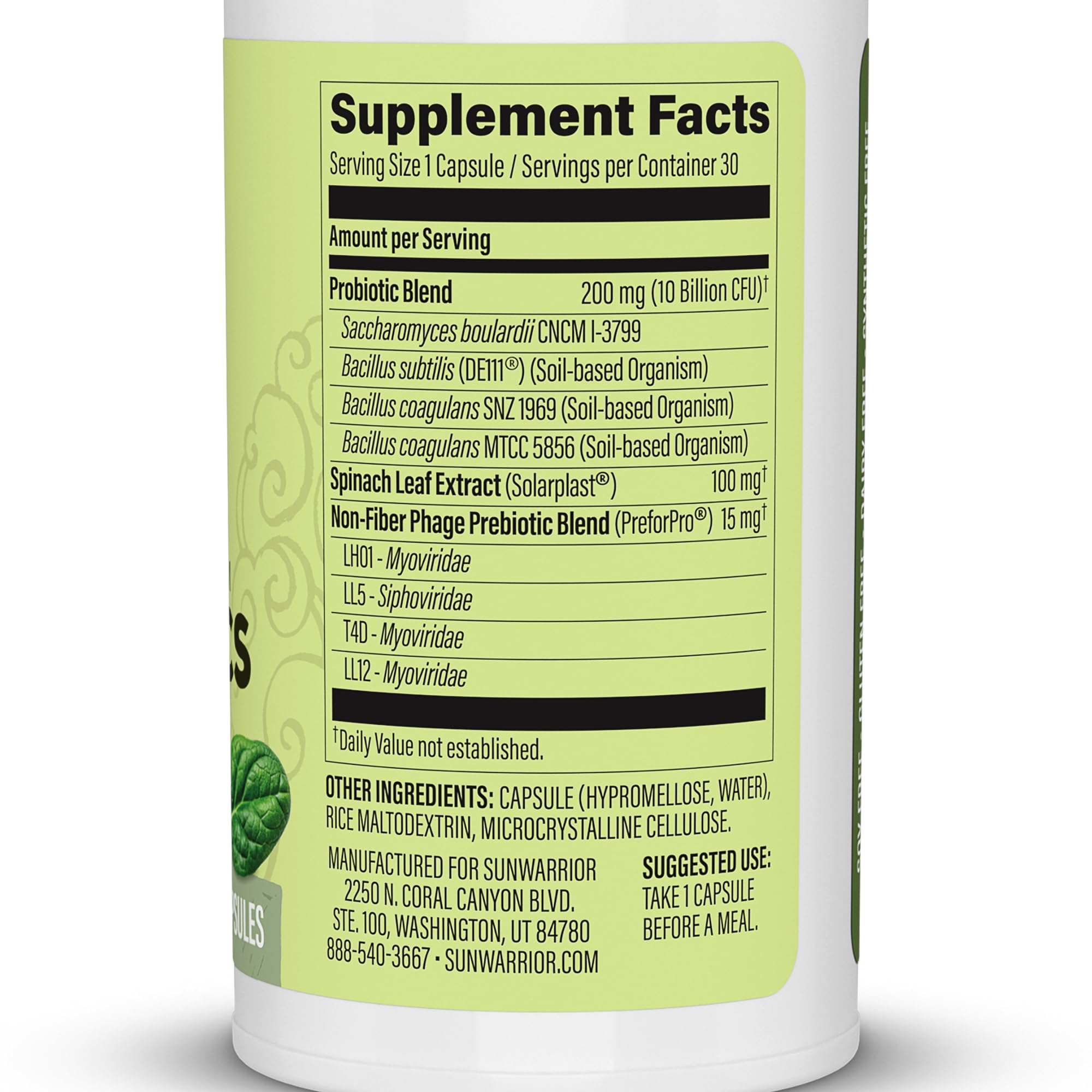 Sunwarrior Probiotics capsules inside bottle for gut balance