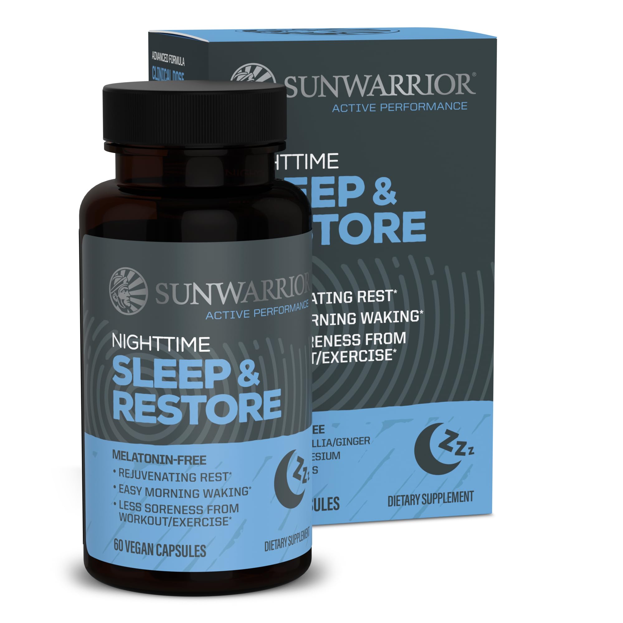 Sunwarrior Sleep Support bottle on nightstand promoting calm evenings