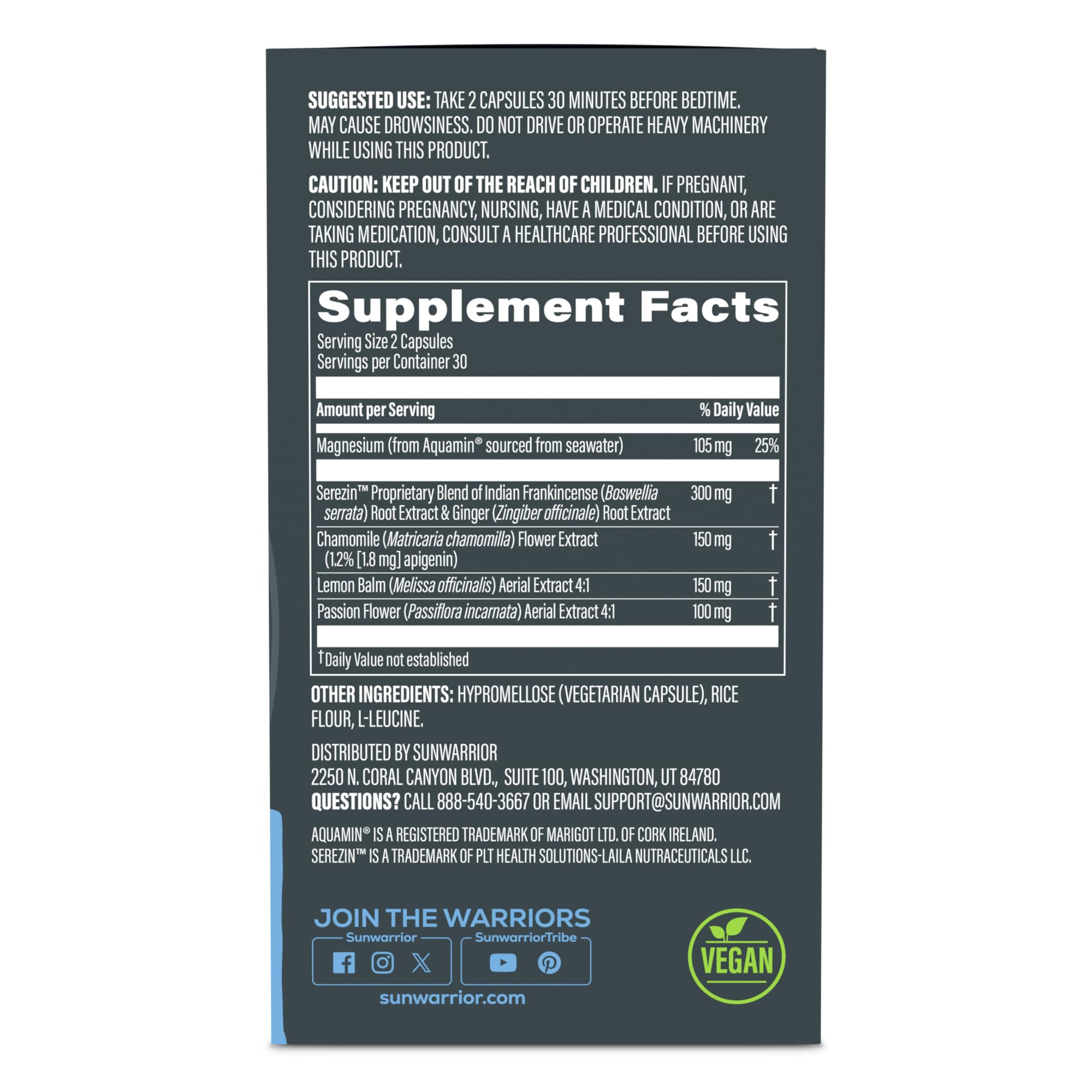 Sunwarrior Sleep Support capsules close-up showing plant-based formula for peaceful nights