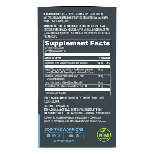 Sunwarrior Sleep Support capsules close-up showing plant-based formula for peaceful nights