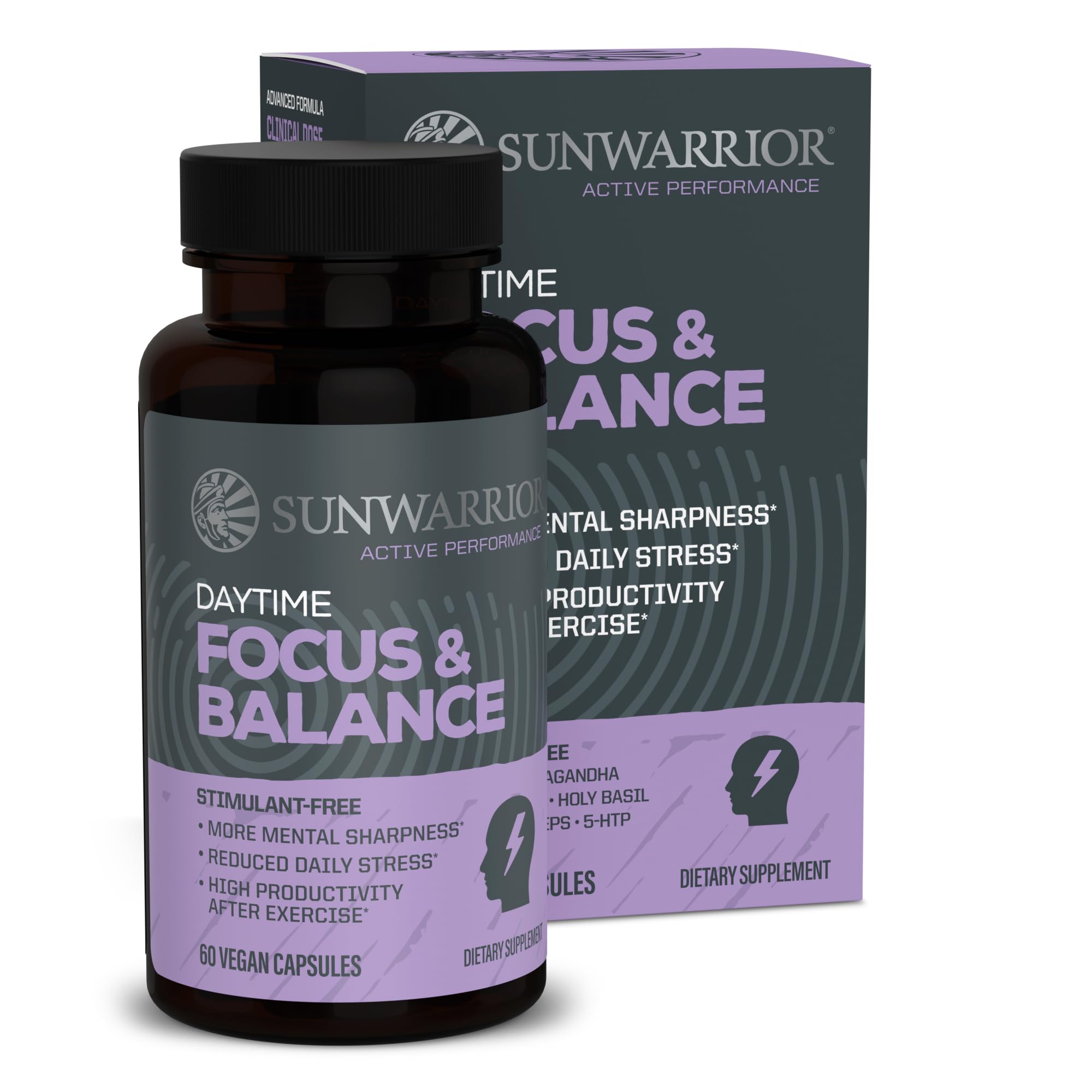 Sunwarrior stress-free focus capsules bottle for calm productivity.