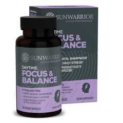 Sunwarrior stress-free focus capsules bottle for calm productivity.