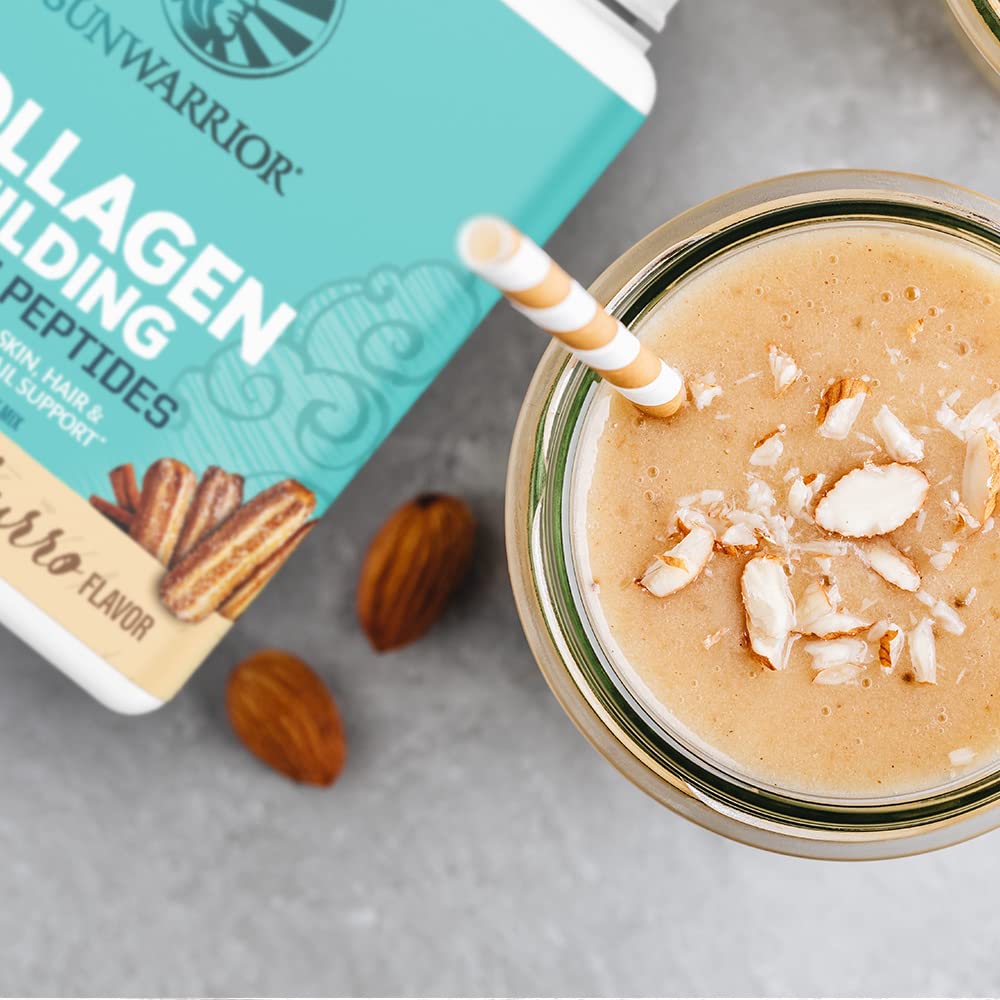 Sunwarrior vegan collagen churro close-up tub emphasizes non-GMO and quality.