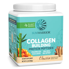 Sunwarrior Vegan Collagen Churro tub showing powder for daily nutrient boost.