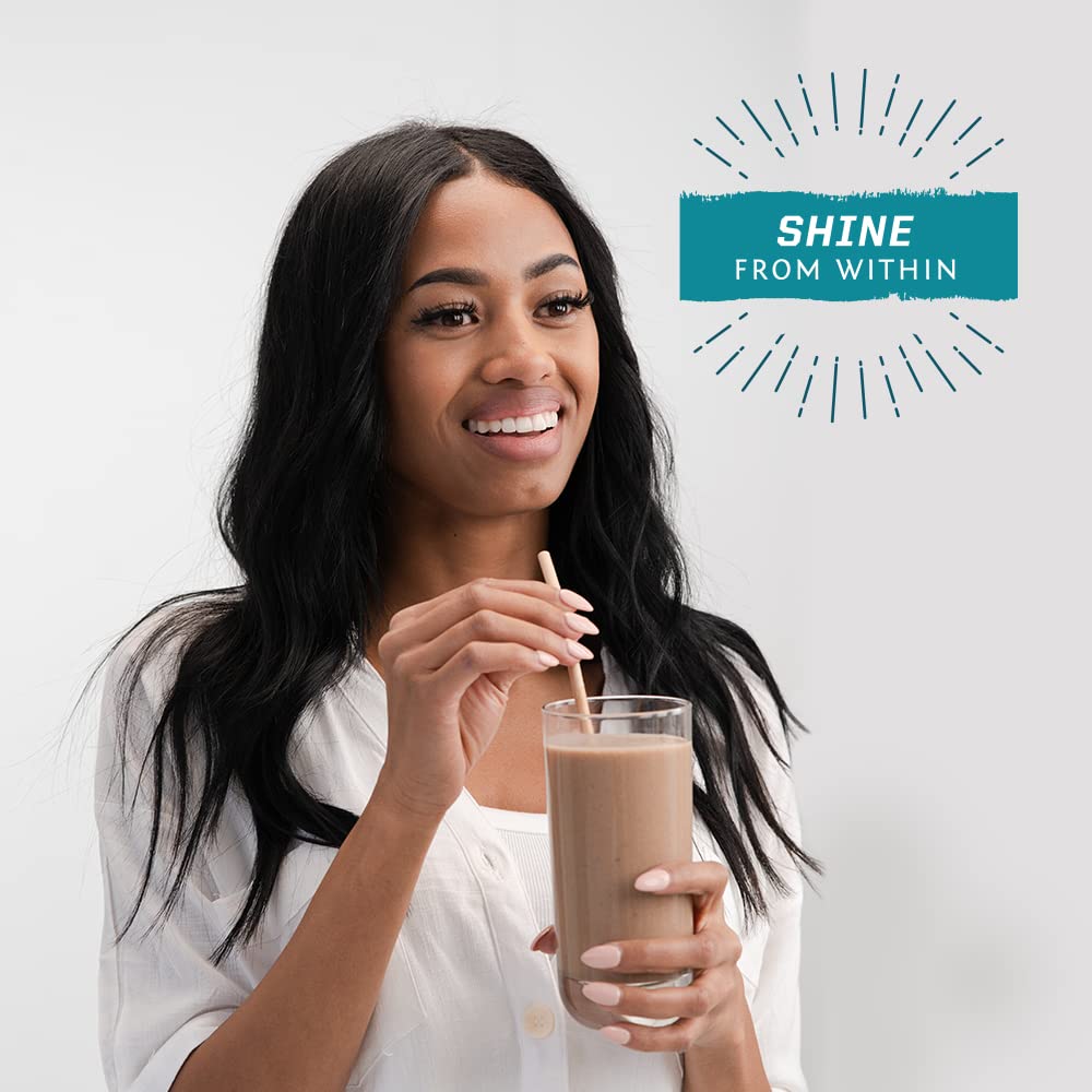 Sunwarrior serving jar illustrating daily vegan collagen use for hair and nails