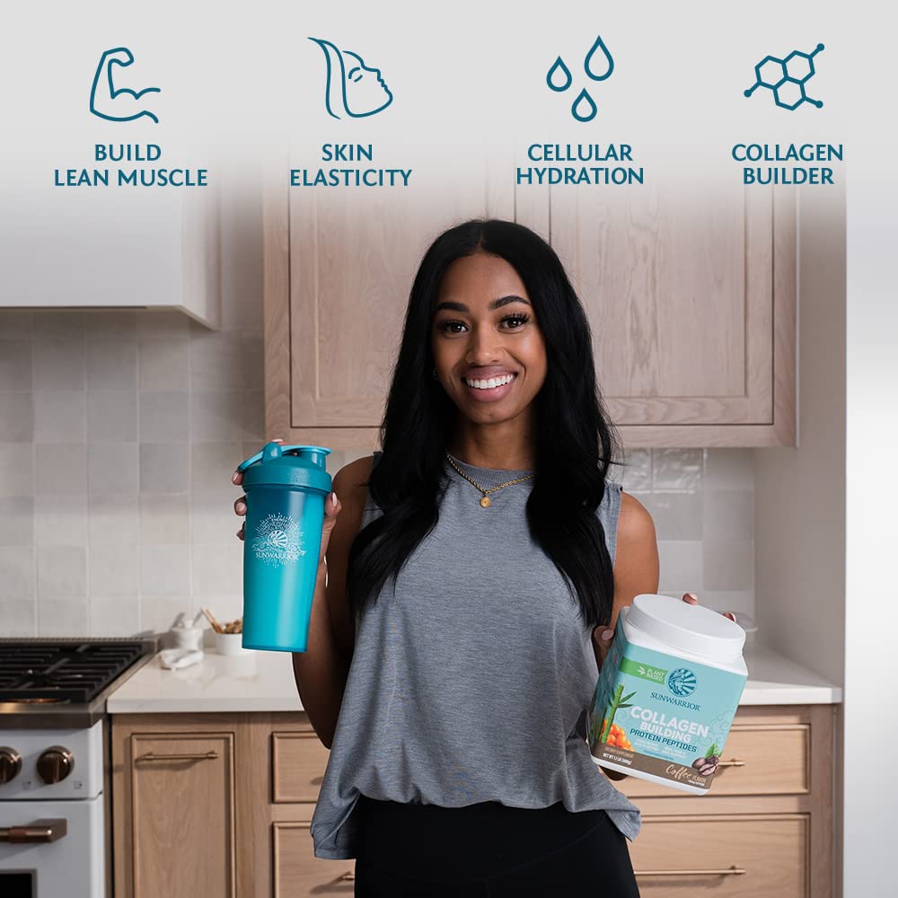 Sunwarrior collagen tub label highlighting clean, non-GMO plant-based ingredients