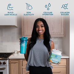 Sunwarrior collagen tub label highlighting clean, non-GMO plant-based ingredients