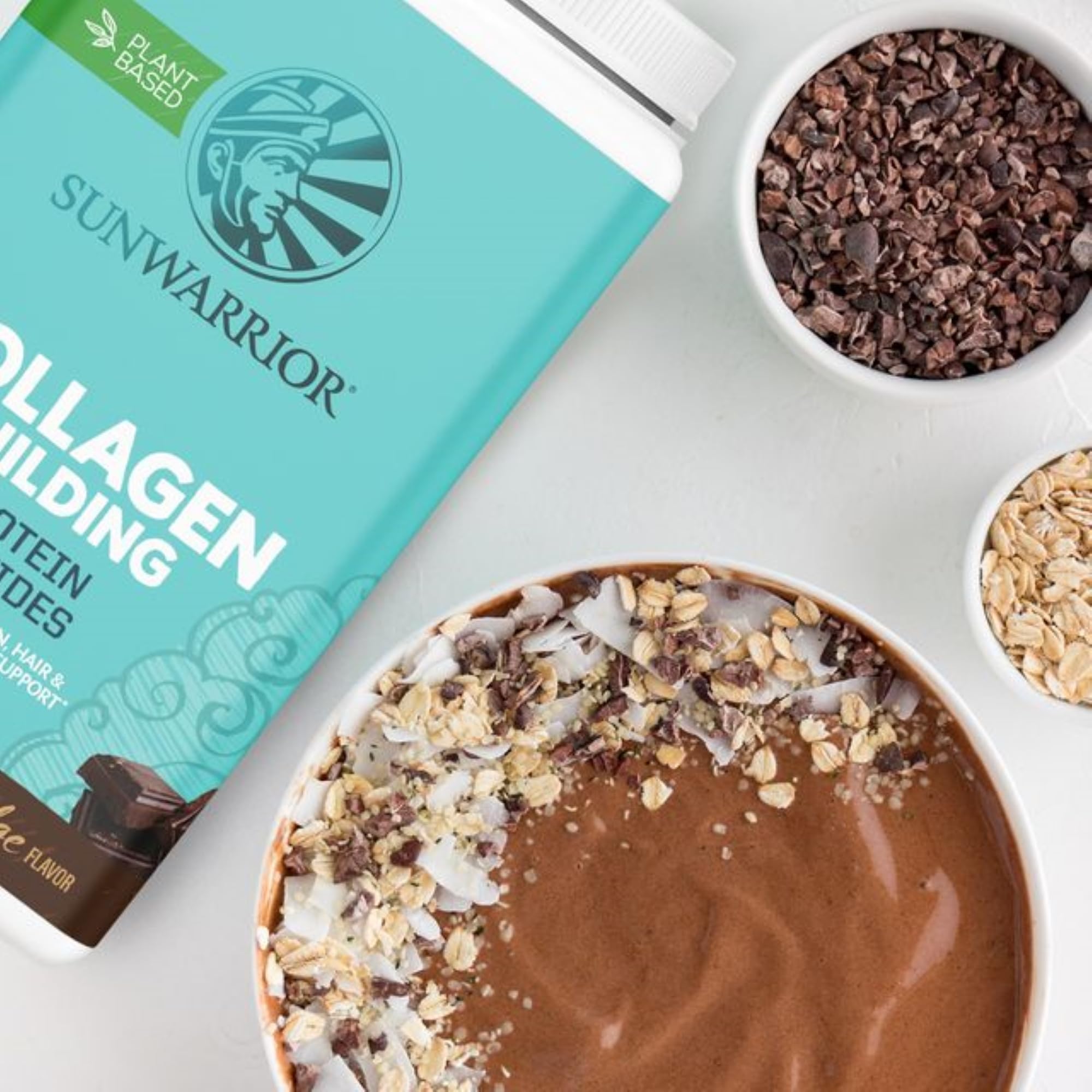 Sunwarrior vegan collagen powder chocolate bottle label close up