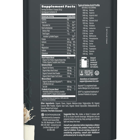 Sunwarrior vegan protein powder scoop highlighting clean, vegan nutrition for workouts.