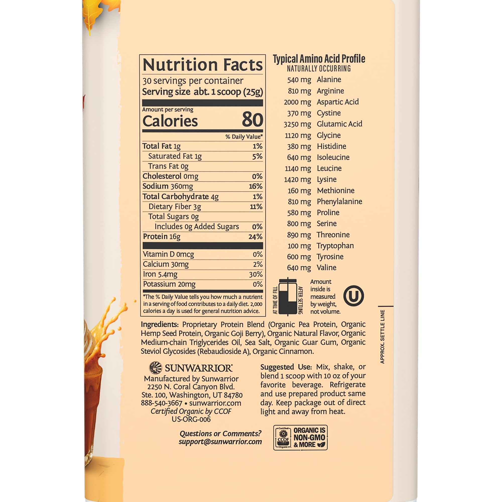 Sunwarrior vegan protein pumpkin spice label detail highlighting ingredients