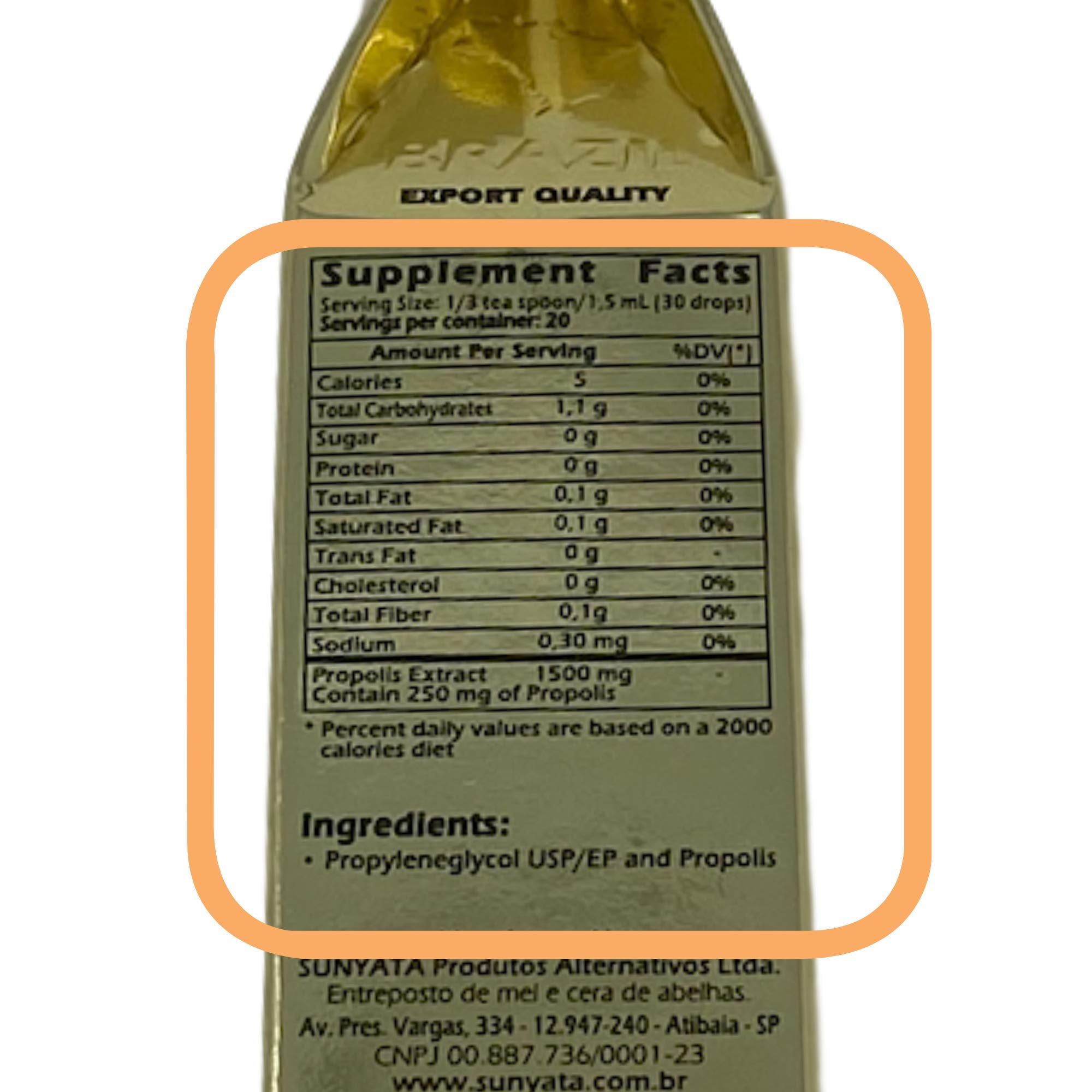 Sunyata green propolis label shows natural maceration and purity.