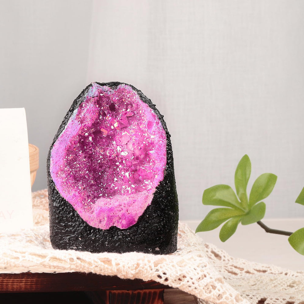 SUNYIK geode quartz cluster on an office desk enhances ambiance with sparkle