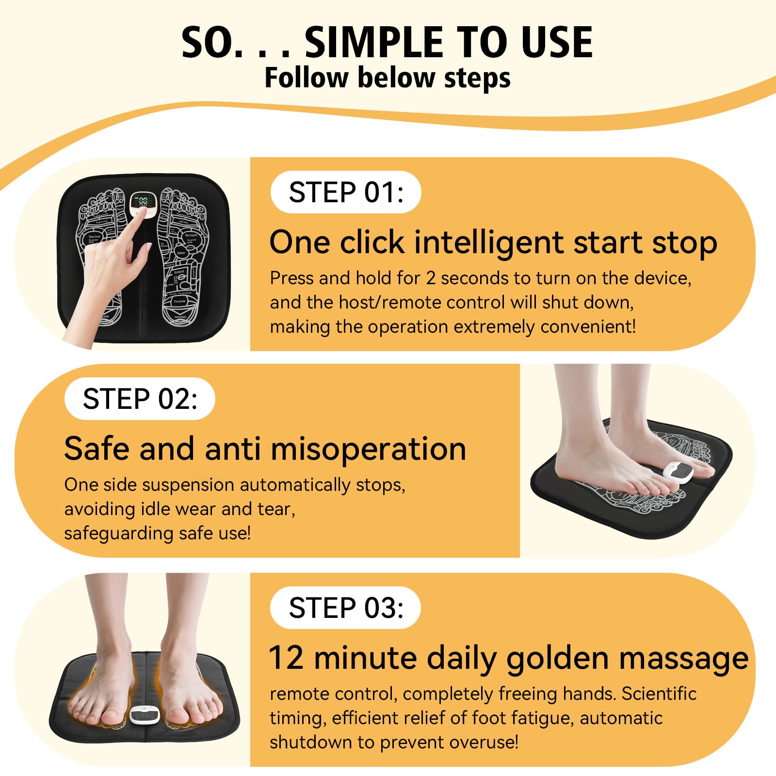 SUOIDOD EMS foot massager control panel close-up showing easy settings for targeted relief
