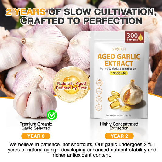 SUOOCH aged garlic softgels close-up; convenient daily capsules for wellness