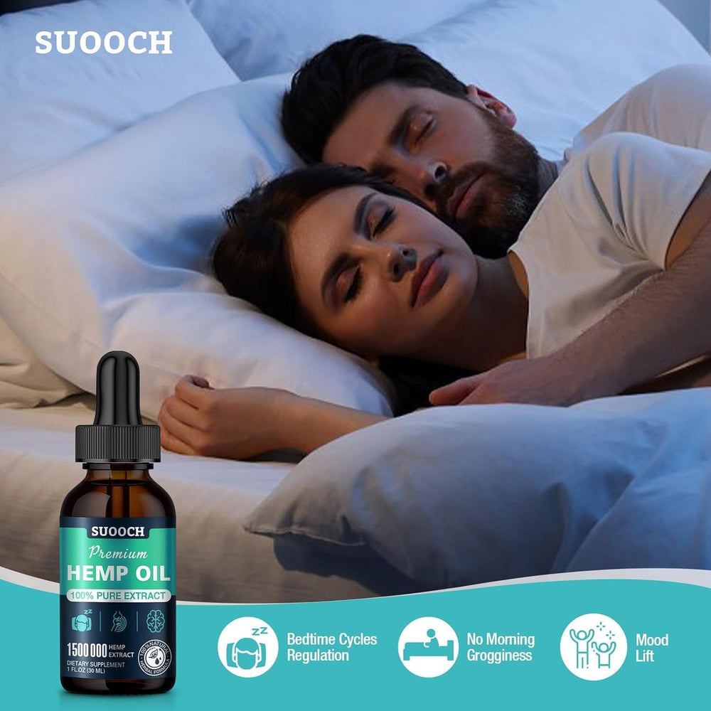 SUOOCH hemp oil drops bottle with droplet illustrating precise dosing.