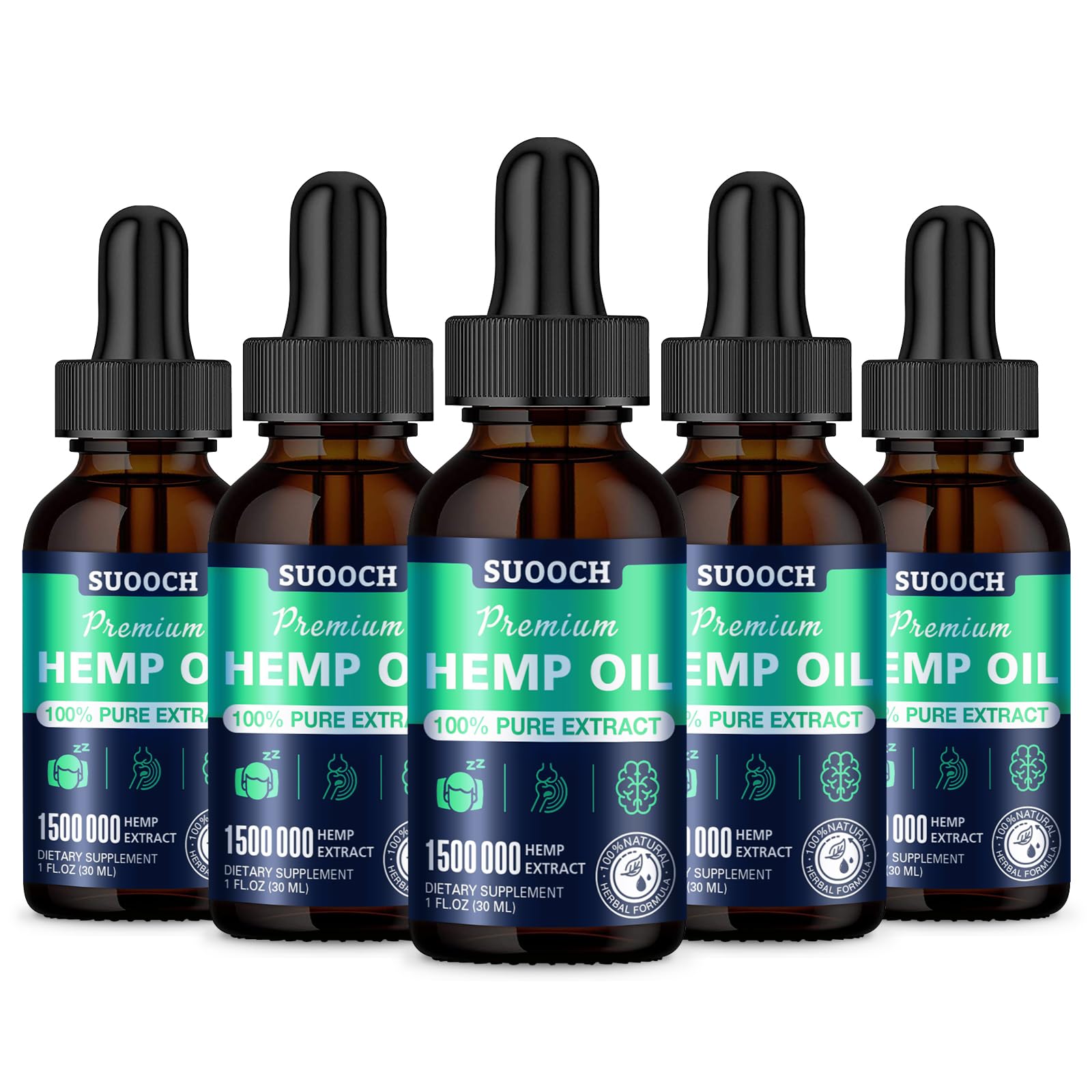 SUOOCH hemp oil drops bottle front view, highlighting natural color and purity.