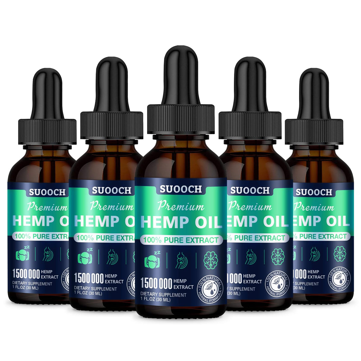 SUOOCH hemp oil drops bottle front view, highlighting natural color and purity.