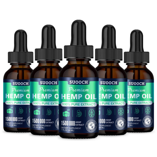 SUOOCH hemp oil drops bottle front view, highlighting natural color and purity.