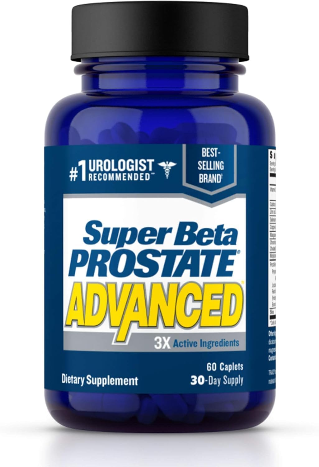 Super Beta Prostate 60-caplets bottle shows convenient daily dosage for urinary support.
