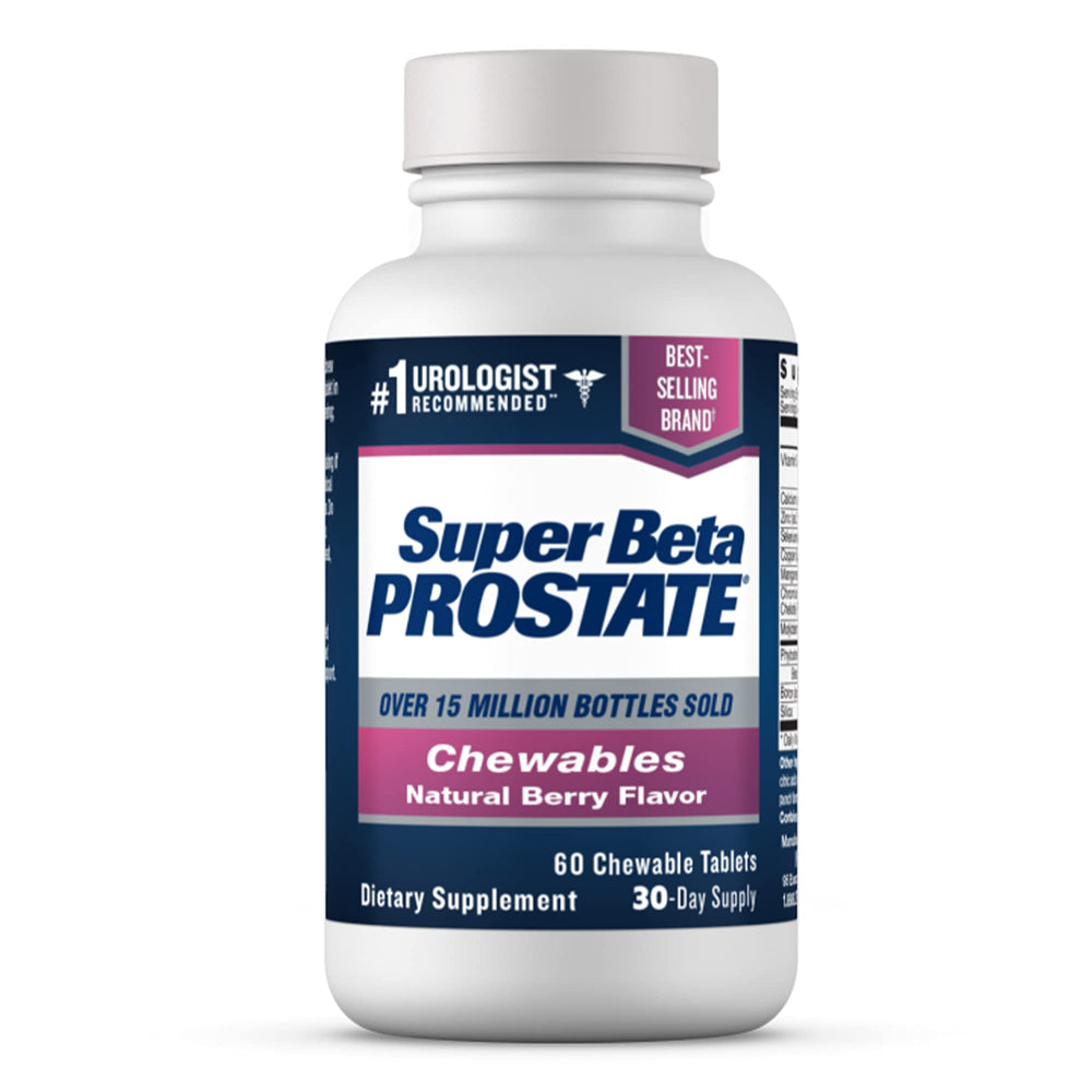 Super Beta Prostate chewable bottle front with berry flavor for easy daily support.