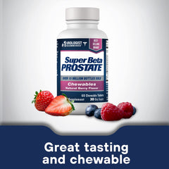 Close-up of chewable tablets highlighting berry flavor and convenient daily routine.