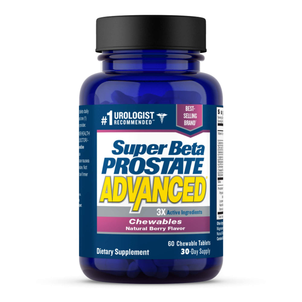 SUPER BETA PROSTATE comprimidos masticables con sabor frambuesa para apoyo prostático diario.