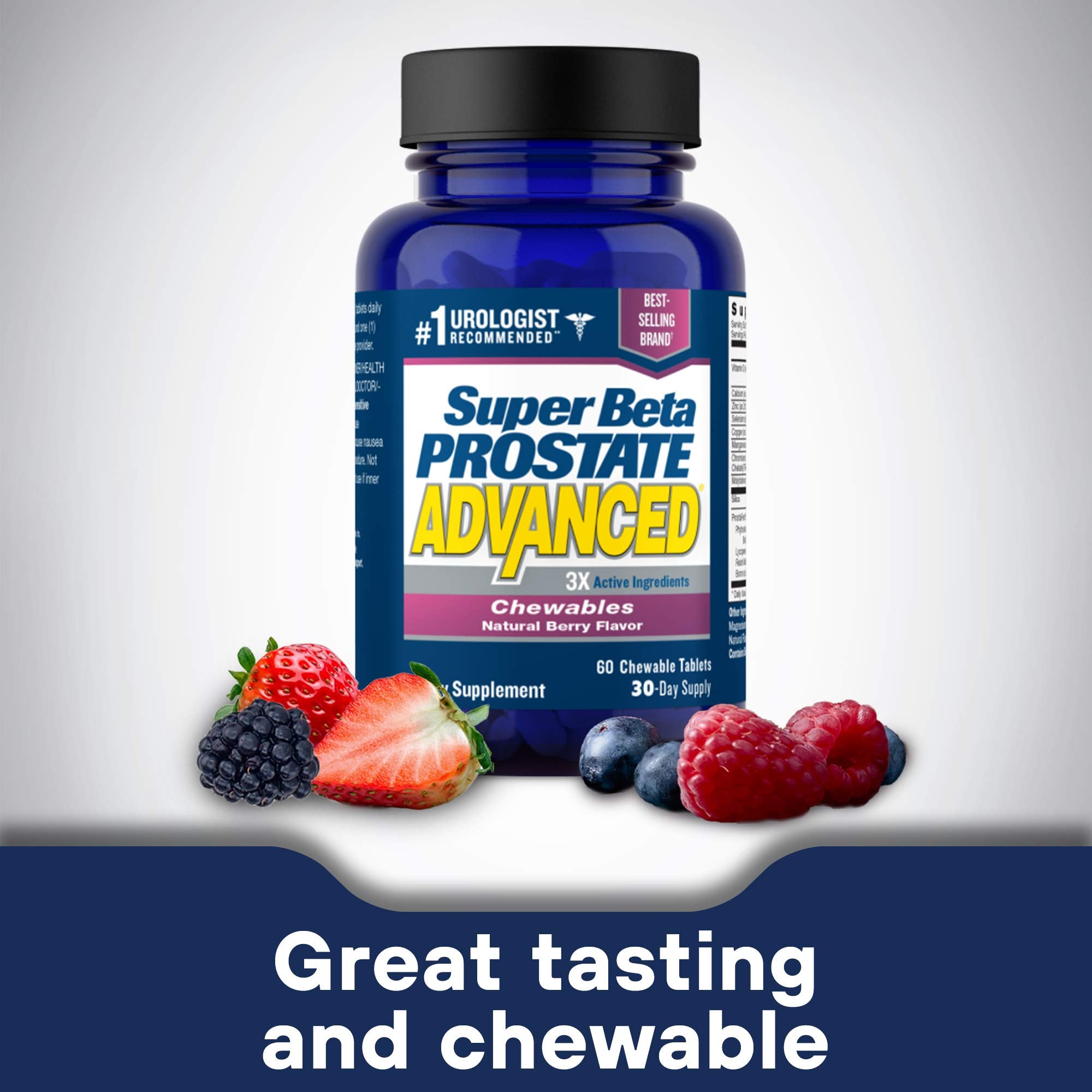 Envase de 60 masticables de SUPER BETA PROSTATE para uso diario.