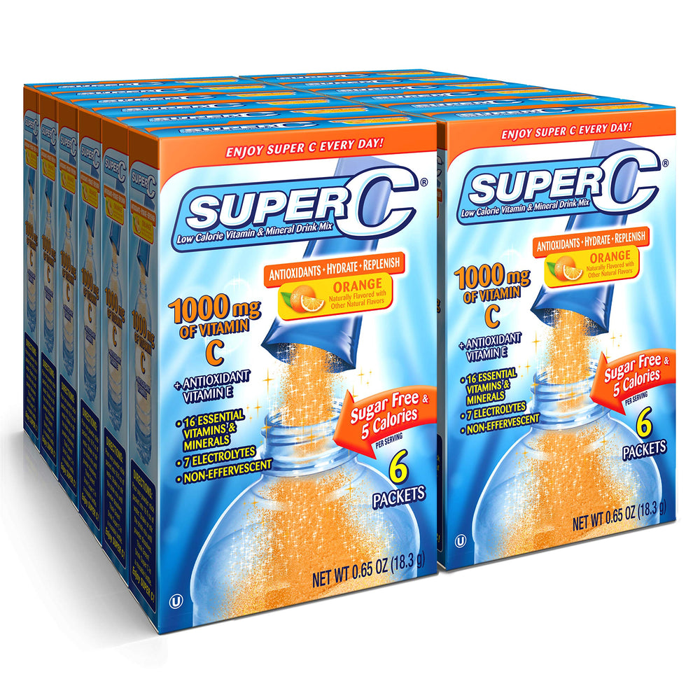 Super C orange drink single-to-go packet for quick hydration.