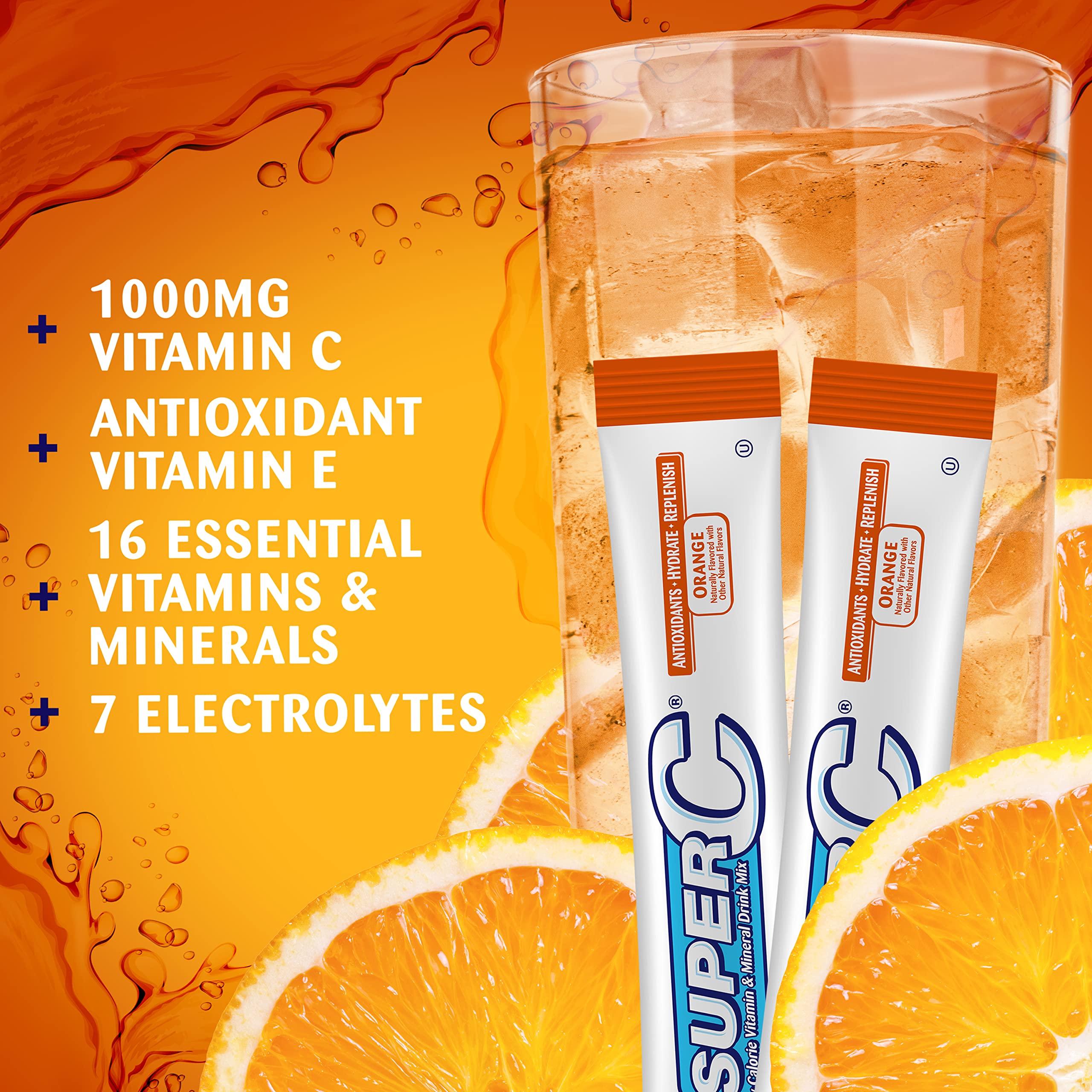 Super C orange drink sugar-free label indicating low calories.